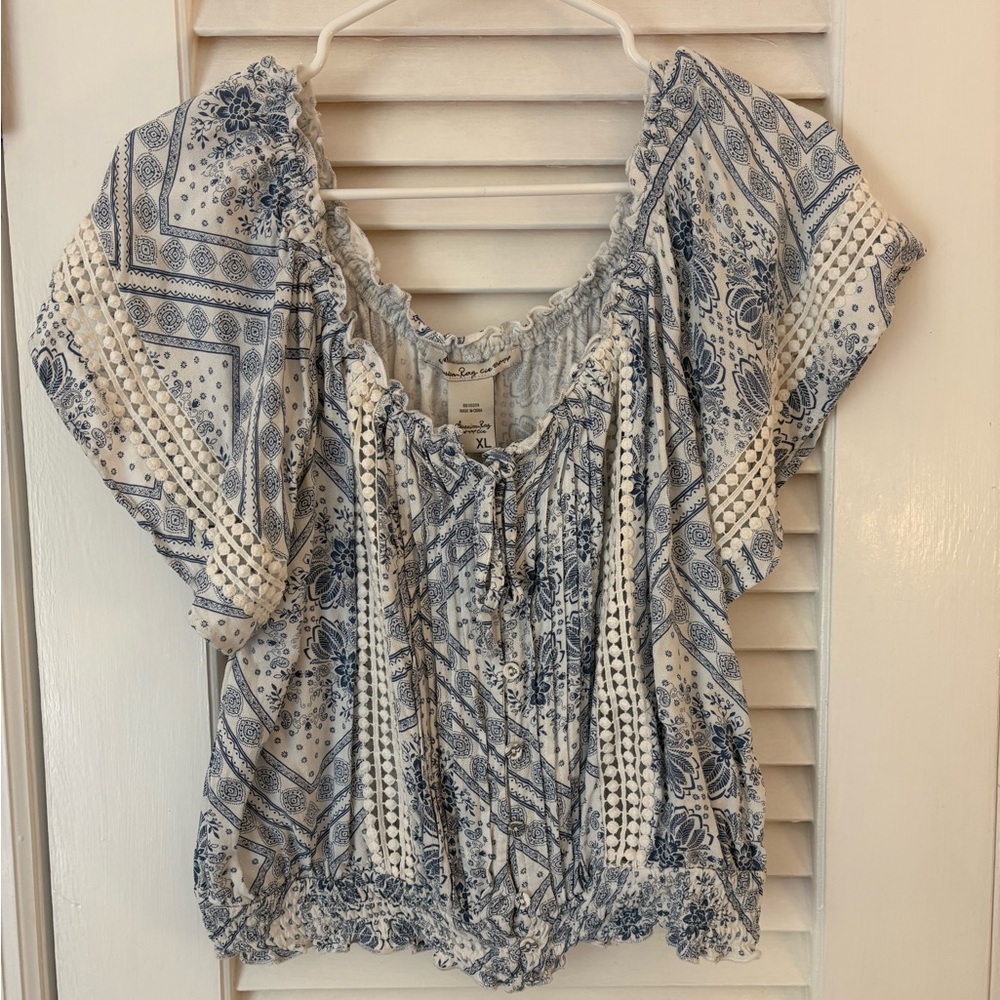 American Rag Blue and White Boho Blouse